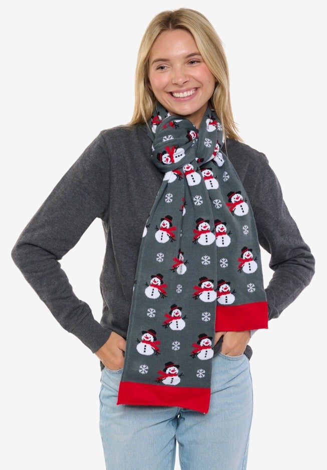 Womens Christmas Snowman Scarf 70 inches Fair Isle Knit Double Sided Print, RED, alternate image number 6