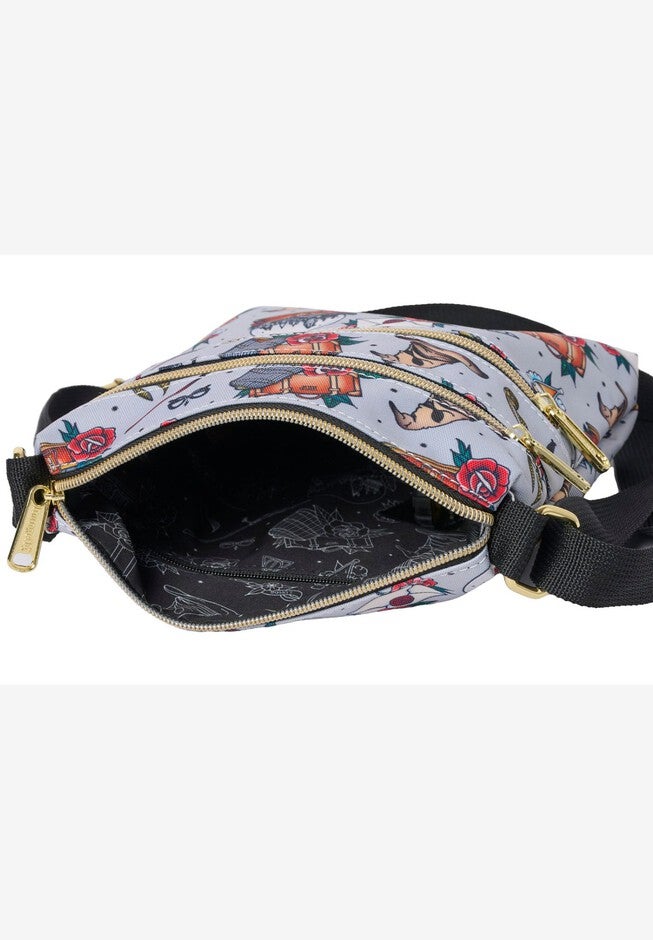 Loungefly x Harry Potter Crossbody Travel Passport Bag Nylon Tattoo All Over Print, GRAY, alternate image number 3