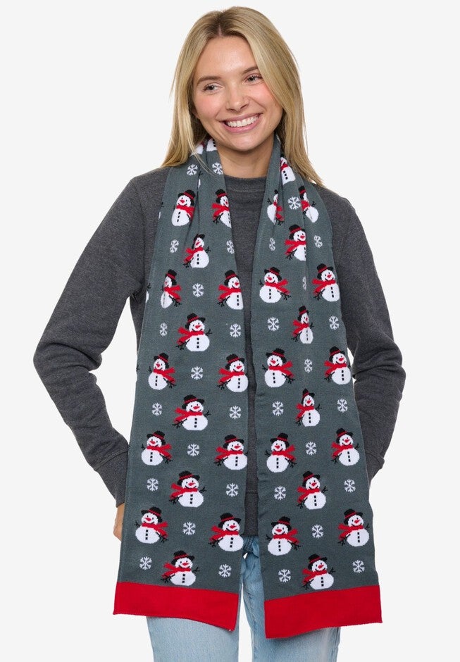 Womens Christmas Snowman Scarf 70 inches Fair Isle Knit Double Sided Print, RED, on-hover image number 1