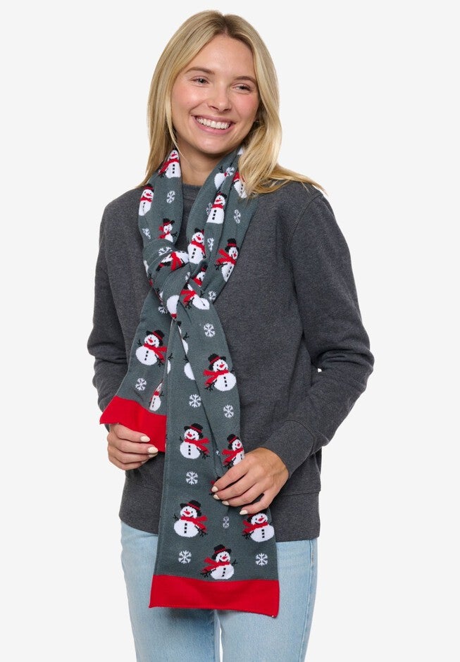 Womens Christmas Snowman Scarf 70 inches Fair Isle Knit Double Sided Print, RED, alternate image number 5