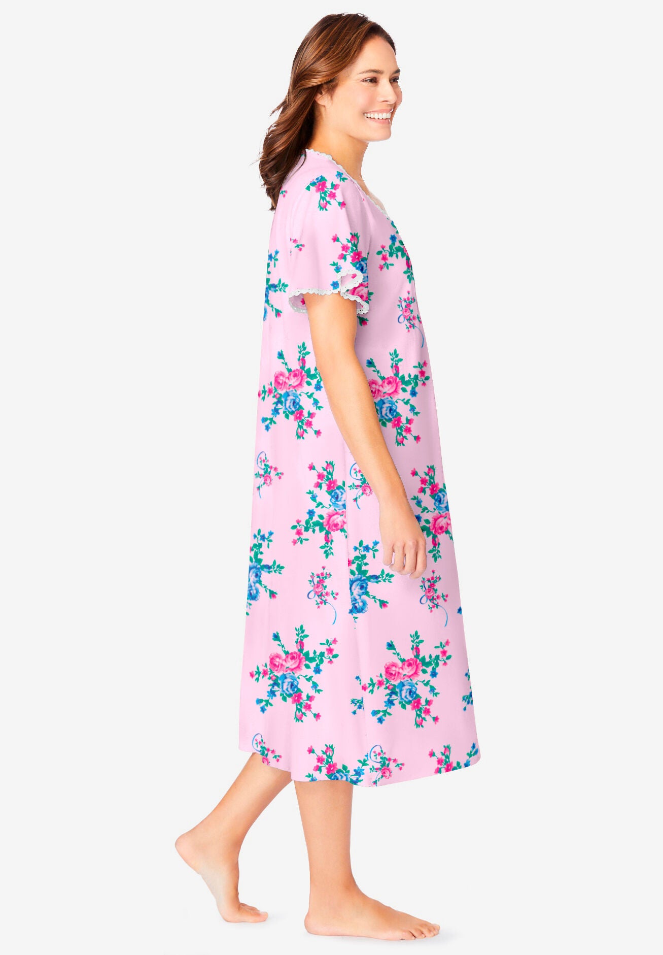 Short Pintuck Knit Gown, PINK FLORAL, alternate image number 2