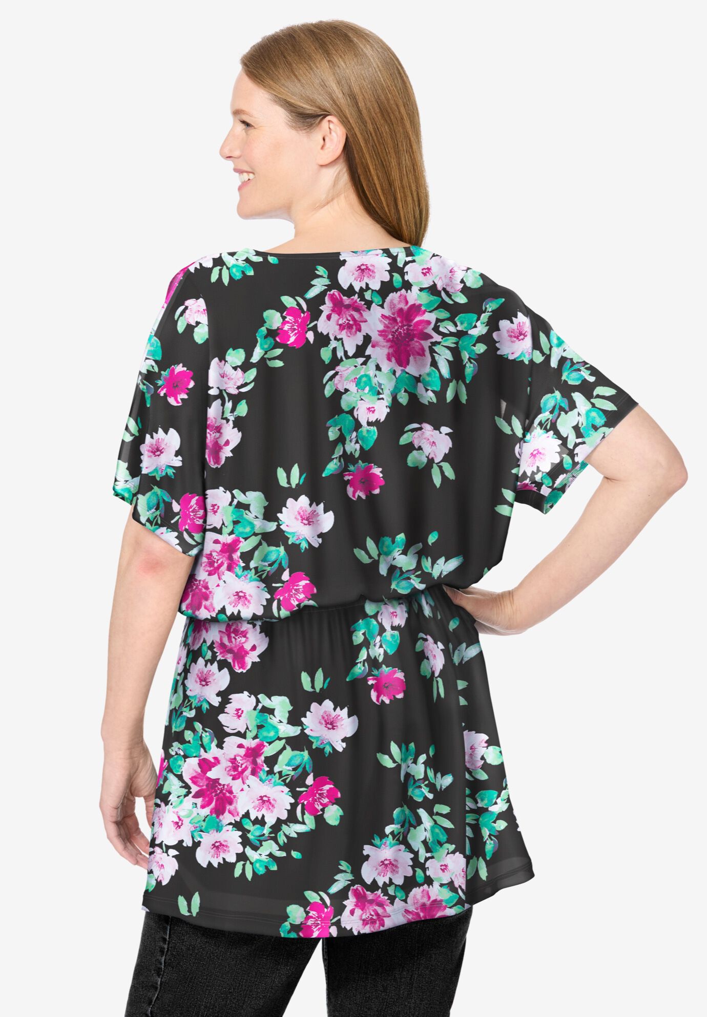 Miracle Mesh Blouson Tunic, BLACK BLOOM, on-hover image number 1