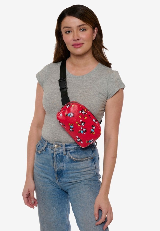 Disney Mickey & Minnie Mouse Belt Bag Crossbody Zippered All Over Print Faux Leather, , alternate image number null