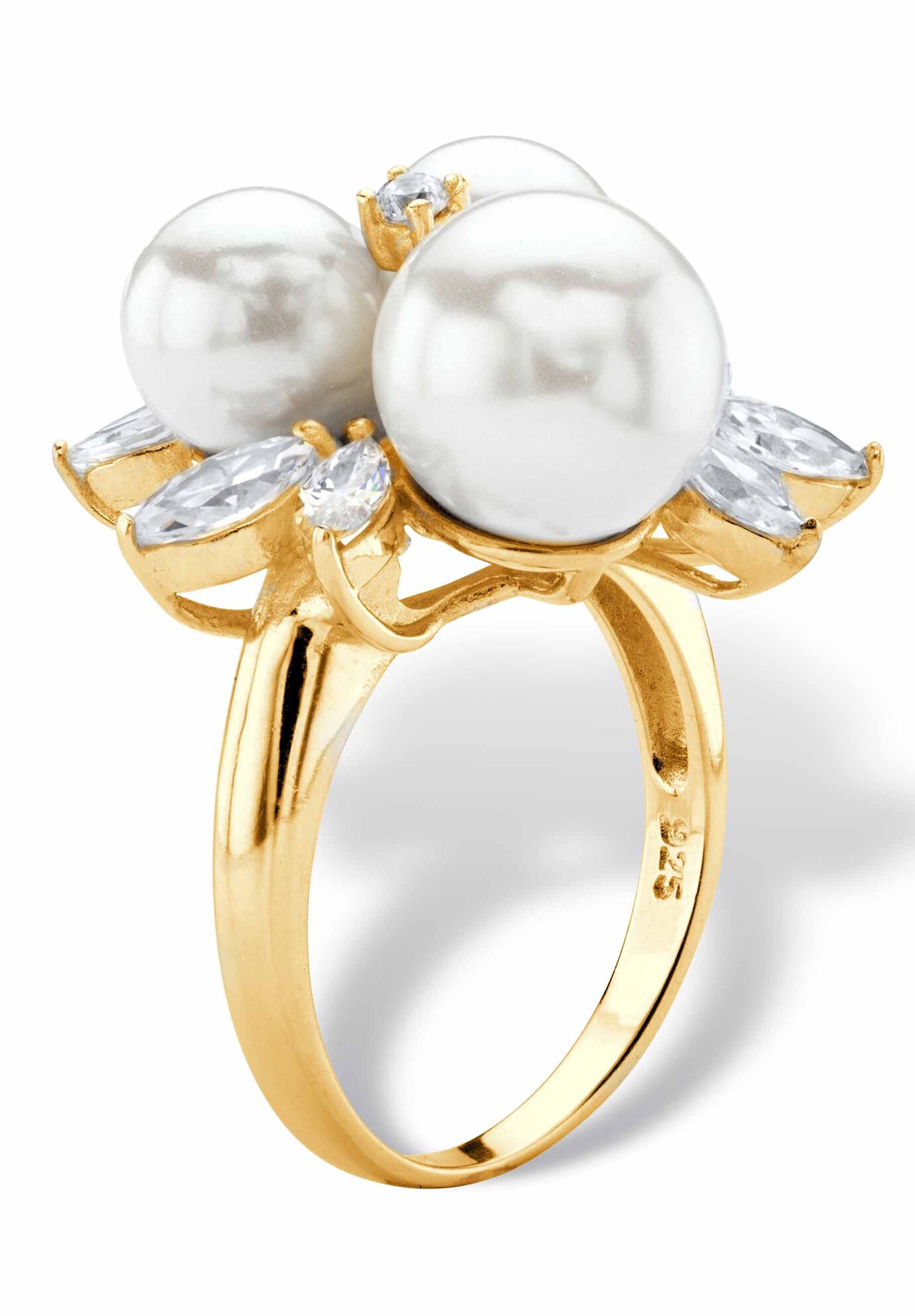 Yellow Gold over Sterling Silver Pearl and Cubic Zirconia Ring, , on-hover image number 1