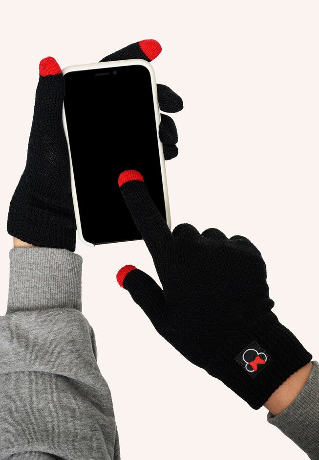 Disney Adult Minnie Mouse Knit Beanie Hat & Texting Gloves Red Gray 2-Pc Set, , alternate image number null