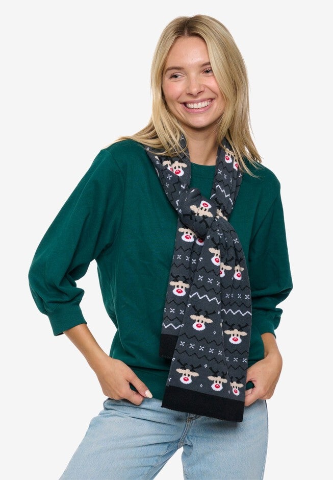 Womens Christmas Reindeer Knit Scarf 70 inches Fair Isle Double Sided Print, RED, on-hover image number 1