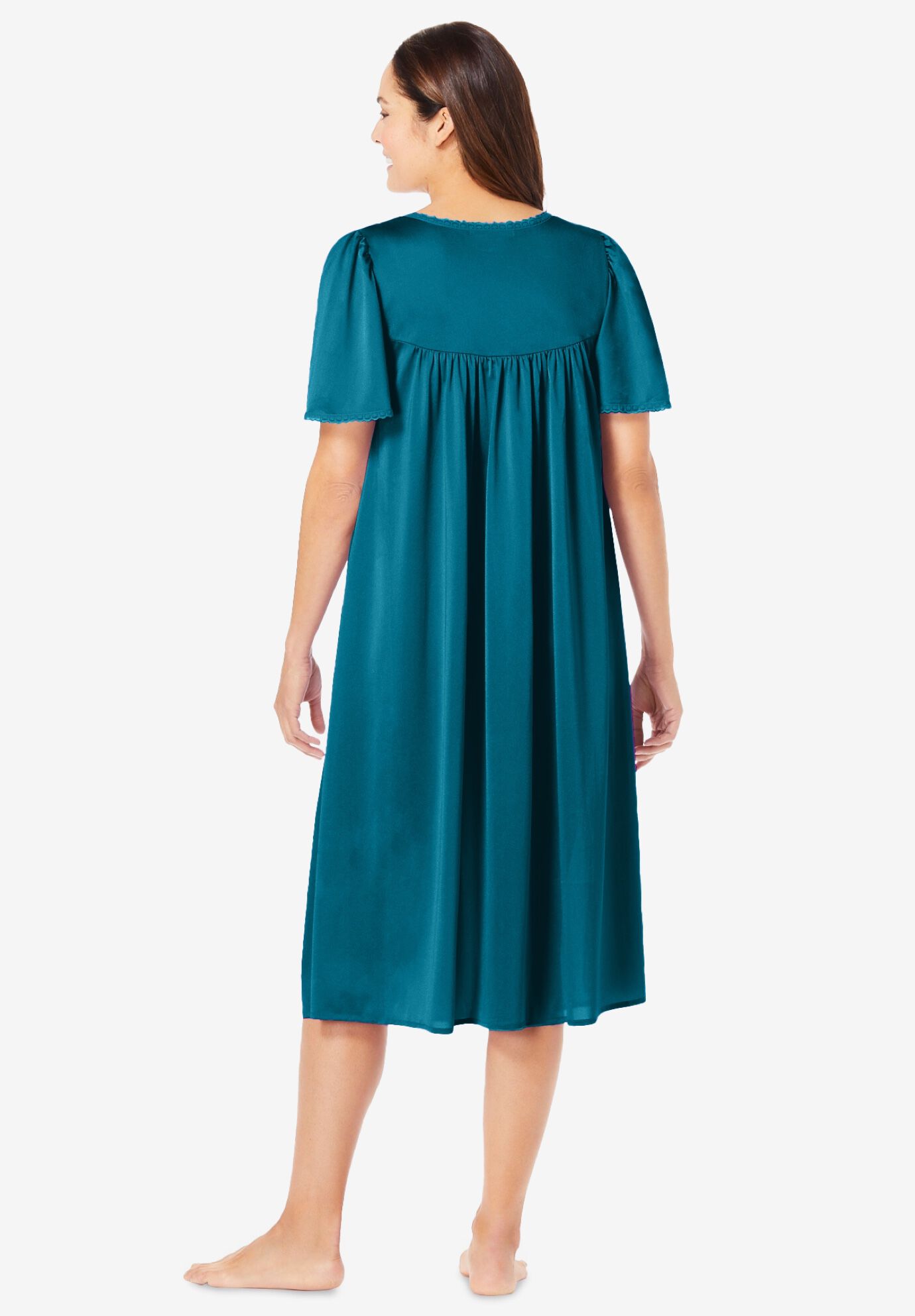 Short Silky Lace-Trim Gown, DEEP TEAL, on-hover image number 1