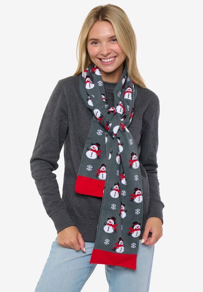Womens Christmas Snowman Scarf 70 inches Fair Isle Knit Double Sided Print, RED, alternate image number 4