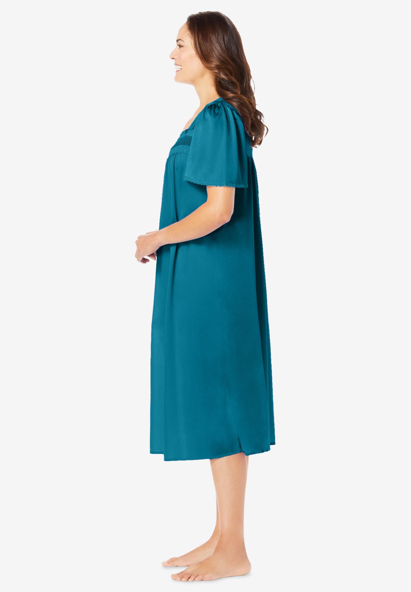 Short Silky Lace-Trim Gown, DEEP TEAL, alternate image number 2