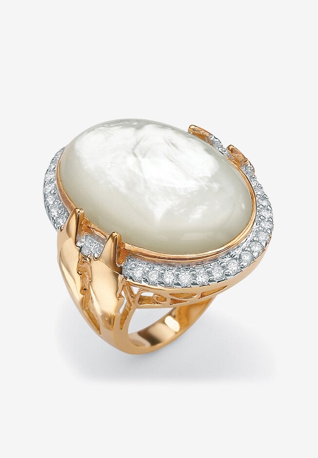 Gold-Plated Oval Mother of Pearl and CZ Ring, GOLD, hi-res image number 0
