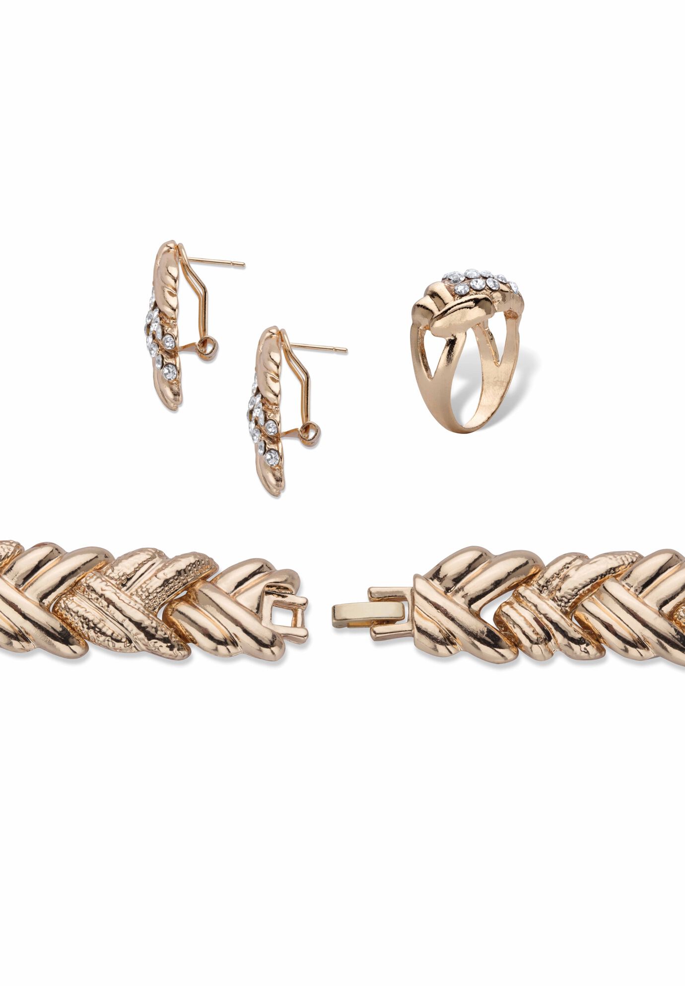 Gold Tone Braided Necklace, Earring, Bracelet and Ring Set, , on-hover image number 1