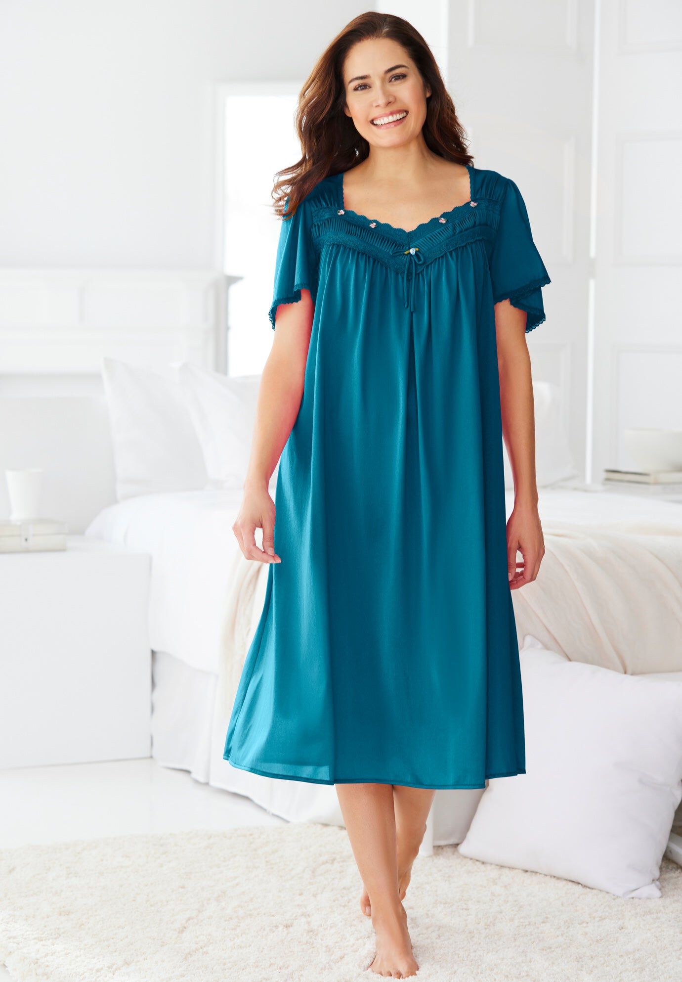 Short Silky Lace-Trim Gown, DEEP TEAL, hi-res image number 0