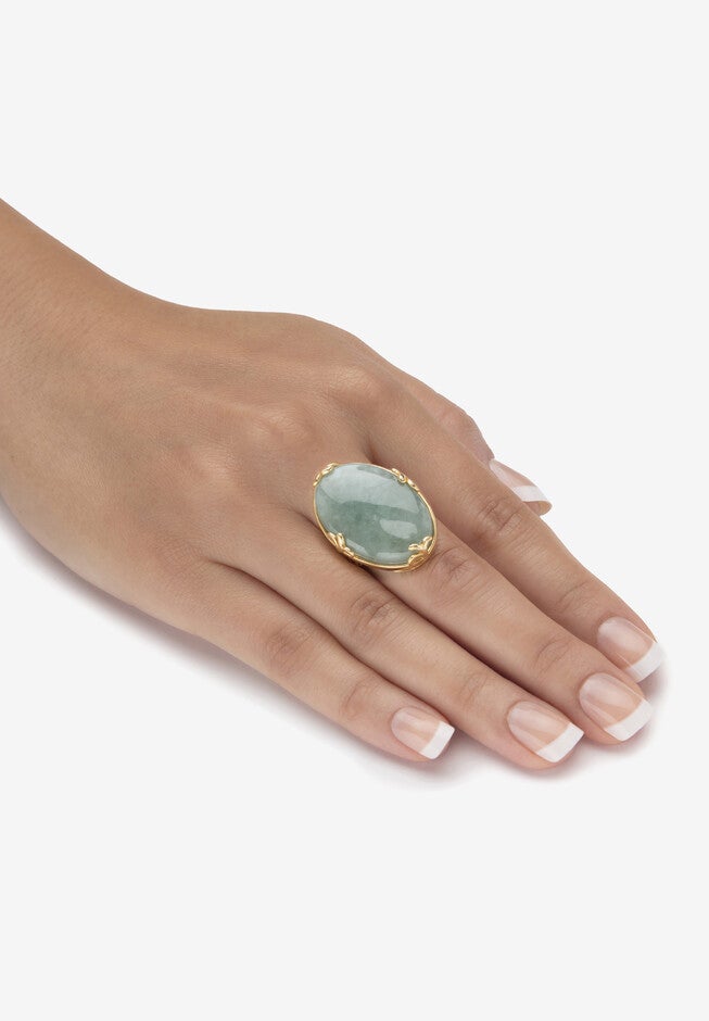 Yellow Gold Plated Genuine Green Jade Oval Cabochon Ring, , alternate image number 2
