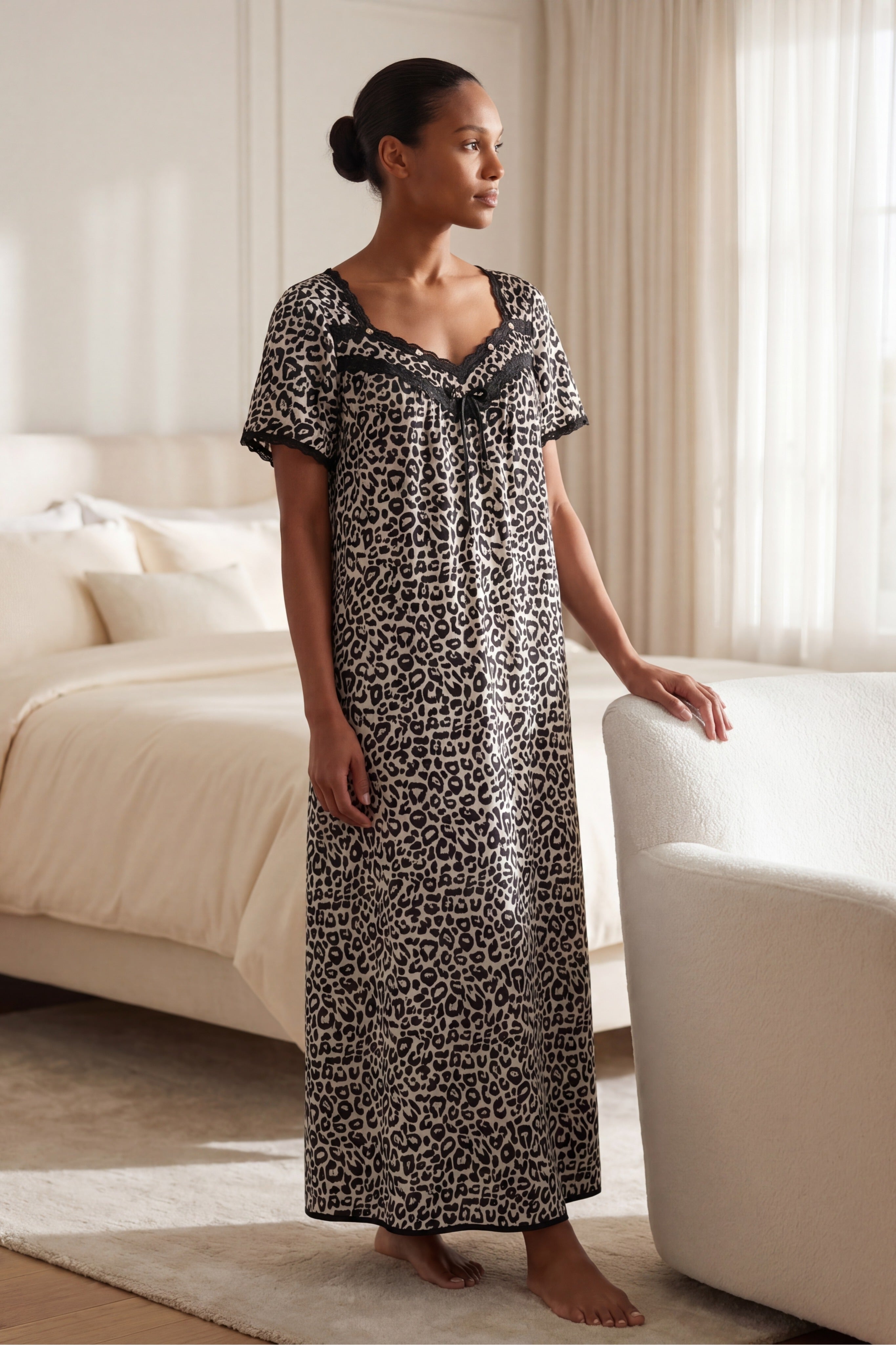 Long Silky Lace-Trim Gown image number 6