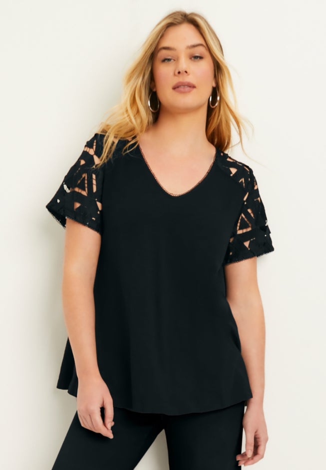 Crochet-Sleeve V-Neck One + Only Tee image number 3