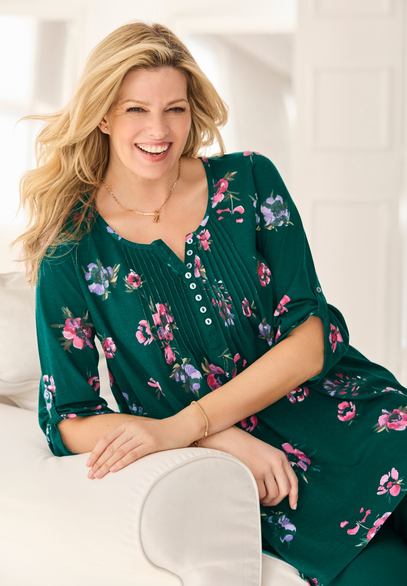 7-Day Three-Quarter Sleeve Pintucked Henley Tunic image number 6