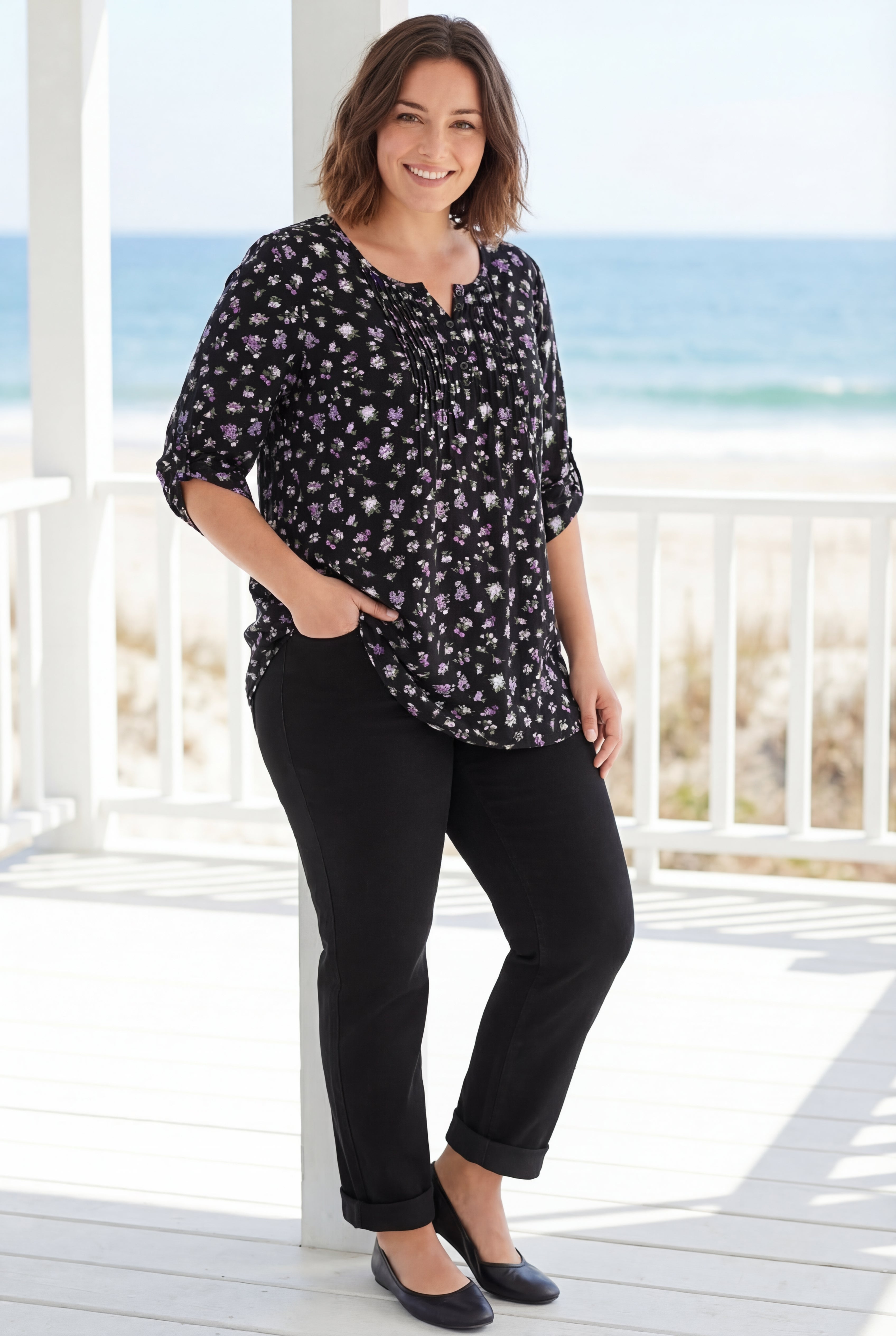 7-Day Three-Quarter Sleeve Pintucked Henley Tunic image number 0