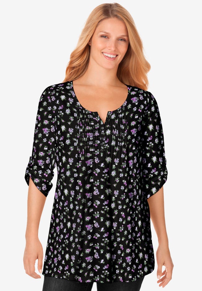 7-Day Three-Quarter Sleeve Pintucked Henley Tunic image number 1