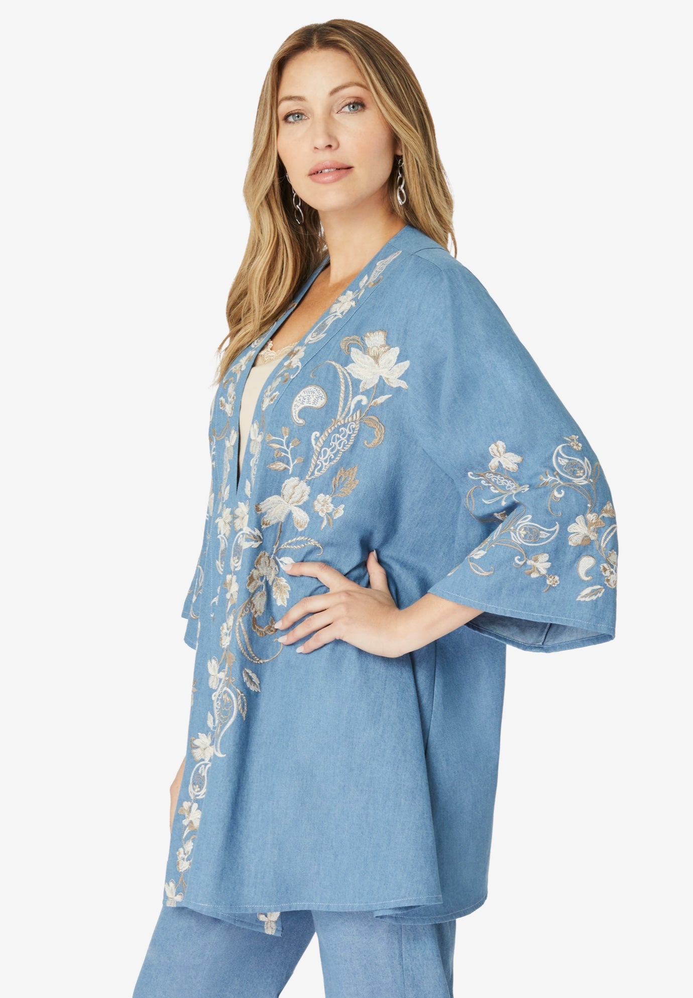 Plus Size Chambray Embroidered Kimono image number 2