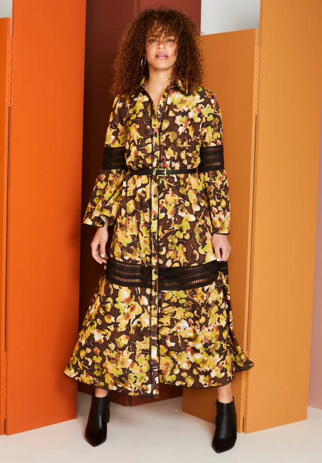 Lace-Panelled Midi Shirt Dress image number null