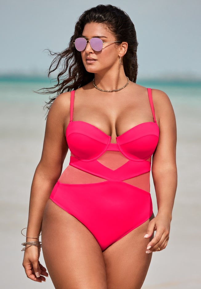 Mesh Spliced Bandeau Underwire One Piece Swimsuit image number 0