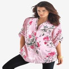 Plus Size Floral Y-Neck Pintuck Tunic &ndash; Adjustable Long Sleeve Button-Front, Relaxed Shirt Style image number null