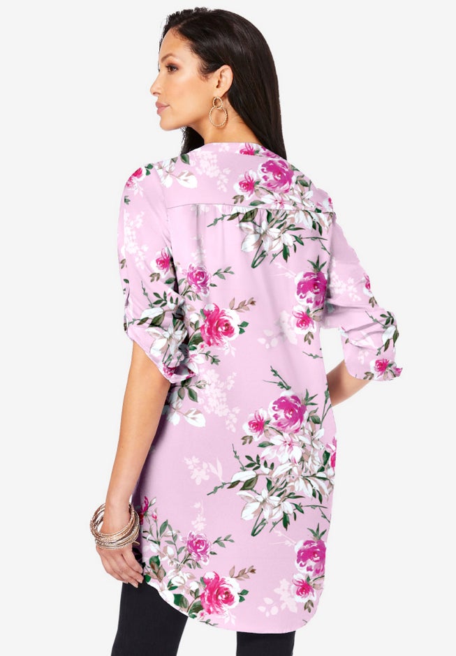 Plus Size Floral Y-Neck Pintuck Tunic &ndash; Adjustable Long Sleeve Button-Front, Relaxed Shirt Style image number 2