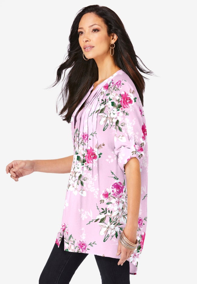 Plus Size Floral Y-Neck Pintuck Tunic &ndash; Adjustable Long Sleeve Button-Front, Relaxed Shirt Style image number 3