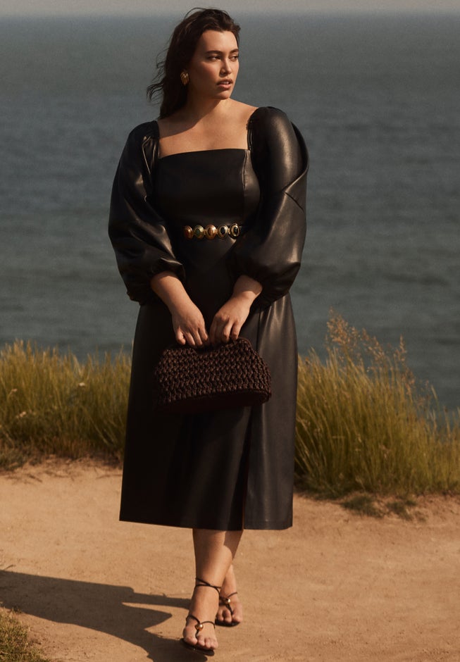 Puff Sleeve Faux Leather Midi Dress image number 4