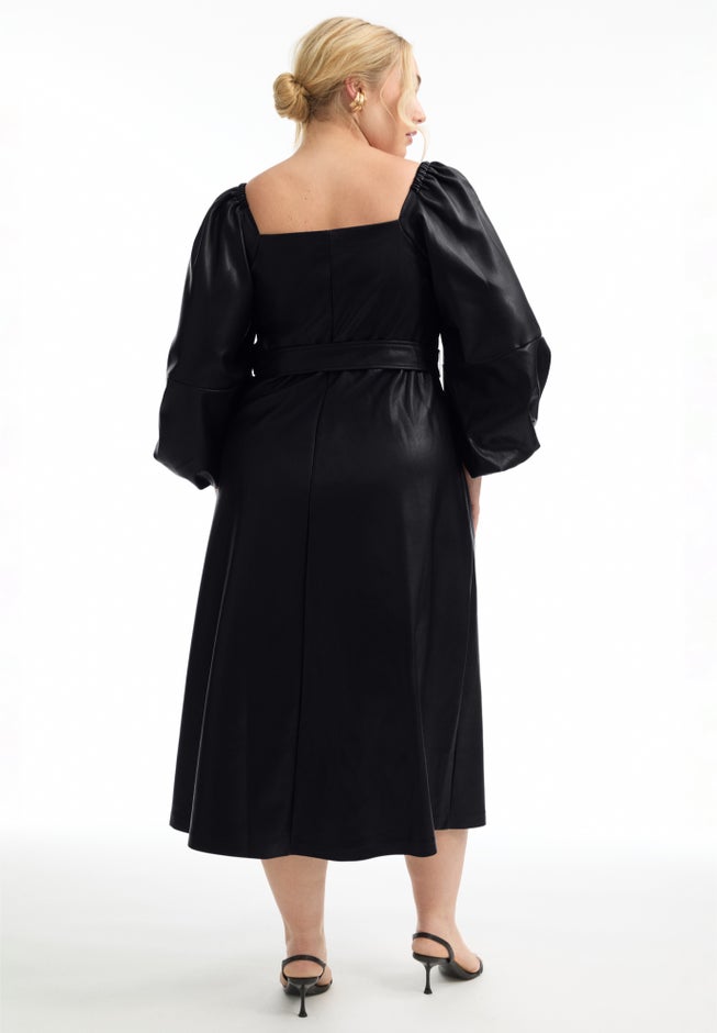 Puff Sleeve Faux Leather Midi Dress image number null