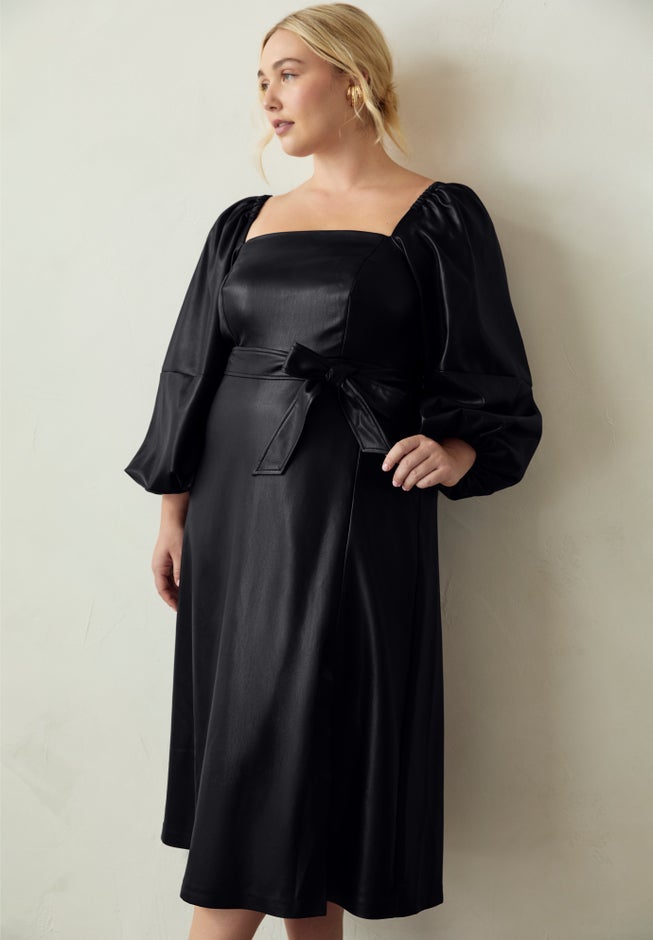 Puff Sleeve Faux Leather Midi Dress image number null