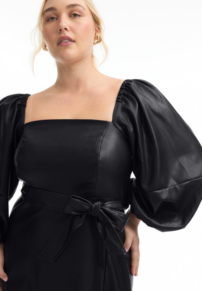 Puff Sleeve Faux Leather Midi Dress image number null