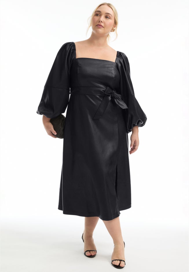 Puff Sleeve Faux Leather Midi Dress image number null