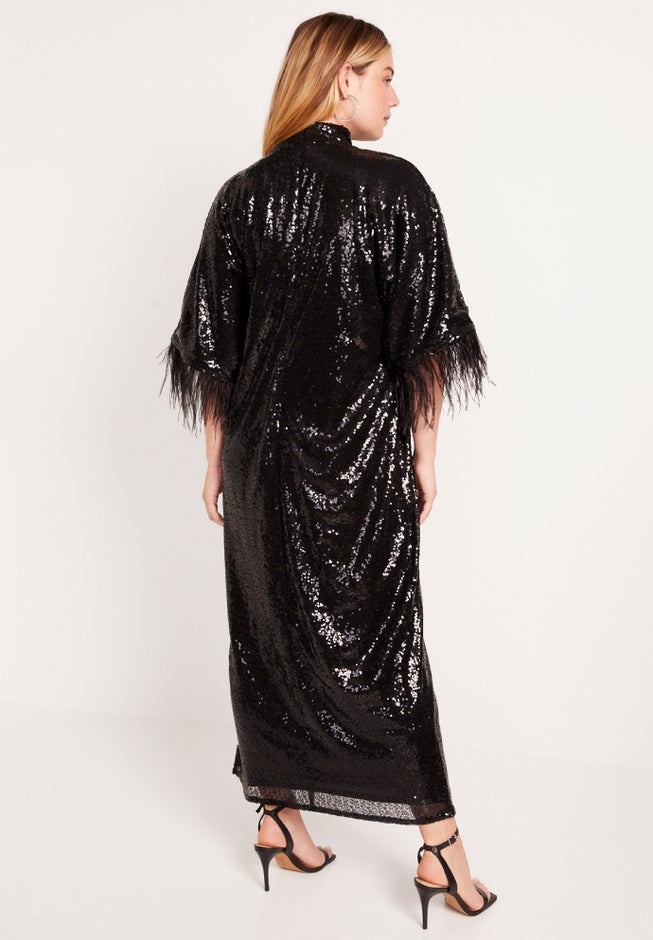 Feather Trim Kimono Sequin Dress image number 1