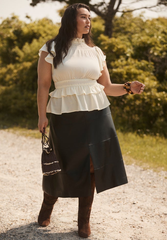 Paneled Faux Leather Midi Skirt image number 4