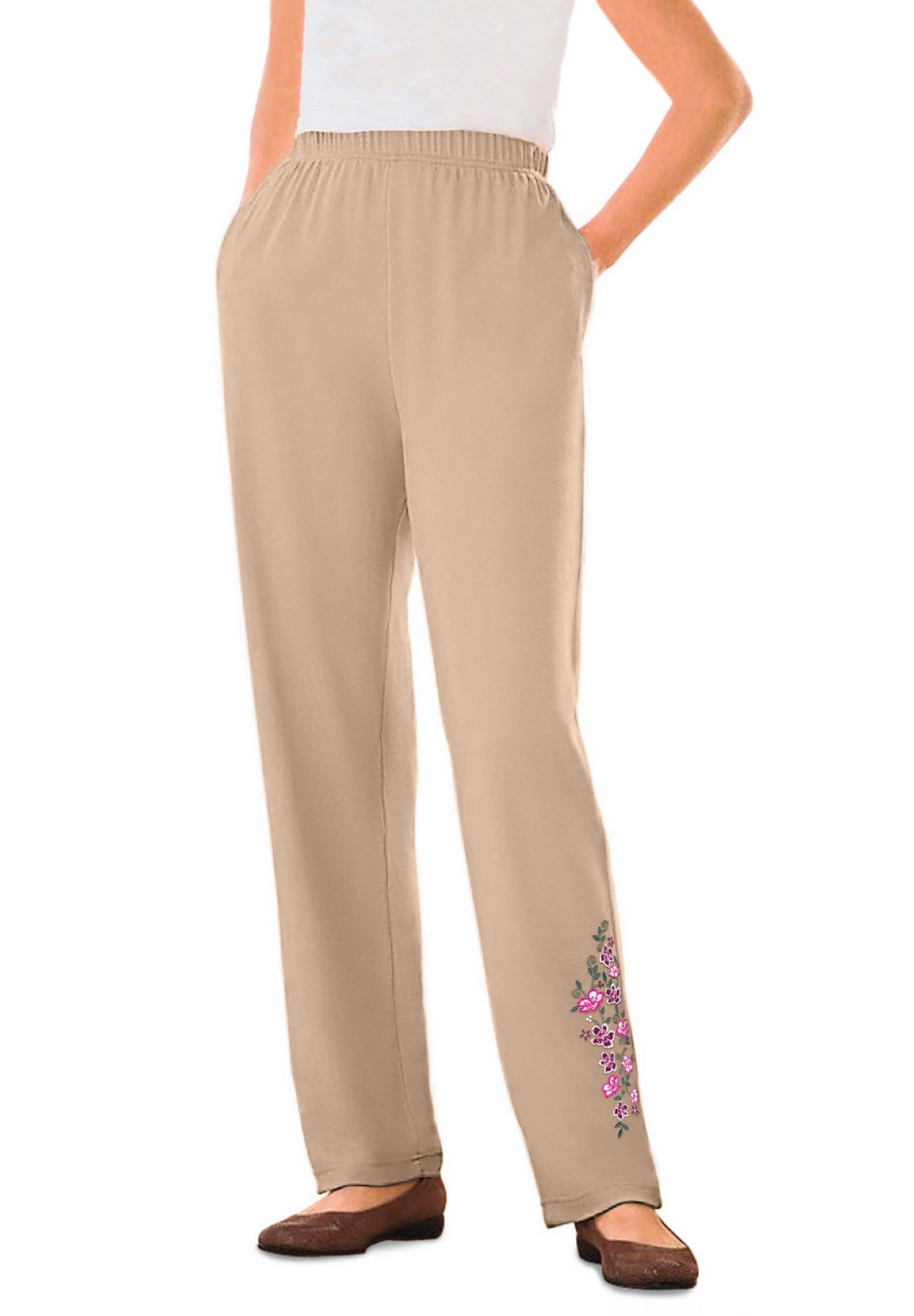 7-Day Knit Embroidered Straight-Leg Pull-On Pants image number 0