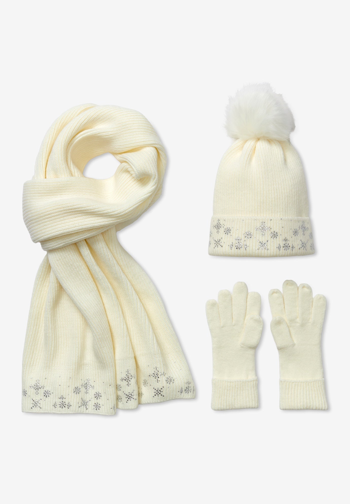 3 Piece Embellished Hat, Scarf And Gloves Set image number 0