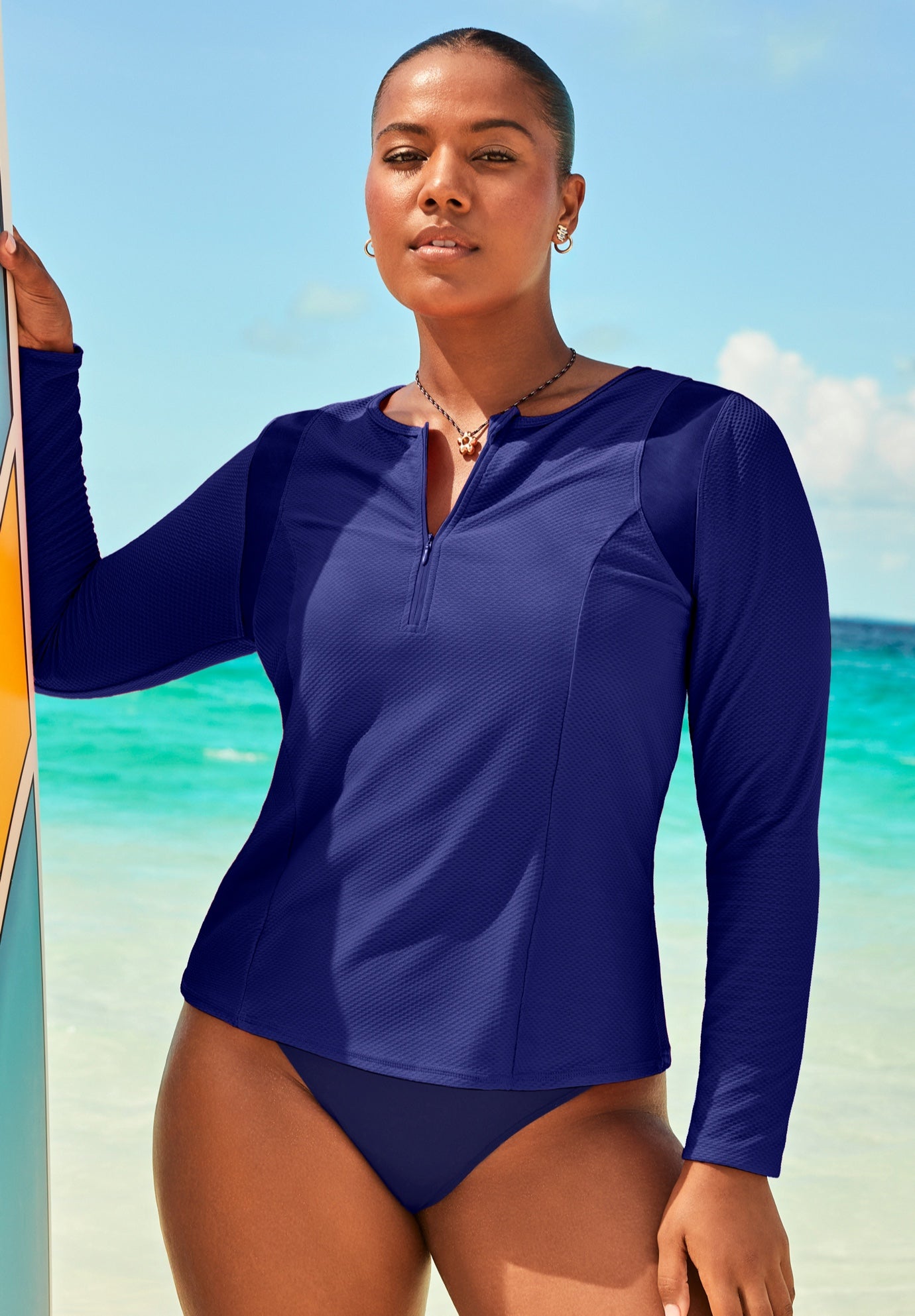  Chlorine Resistant Quick-Dry 1/4 Zip Front Long Sleeve Swim Rash Guard image number 0