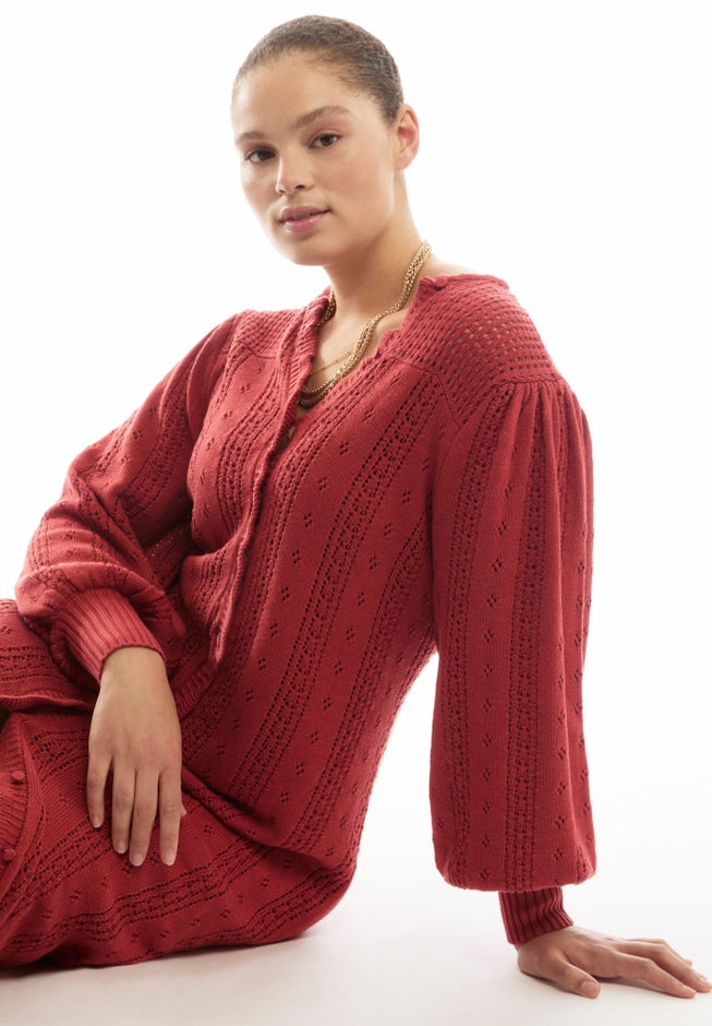 Puff-Sleeve Cardigan Sweater Midi Dress image number 2