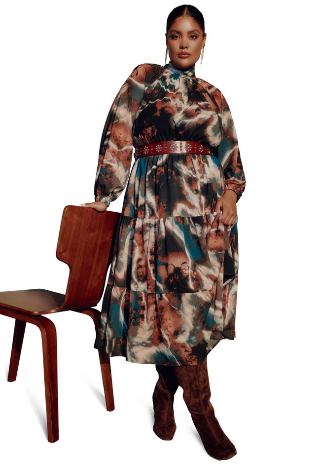 Mock-Neck Chiffon Midi Dress image number 4