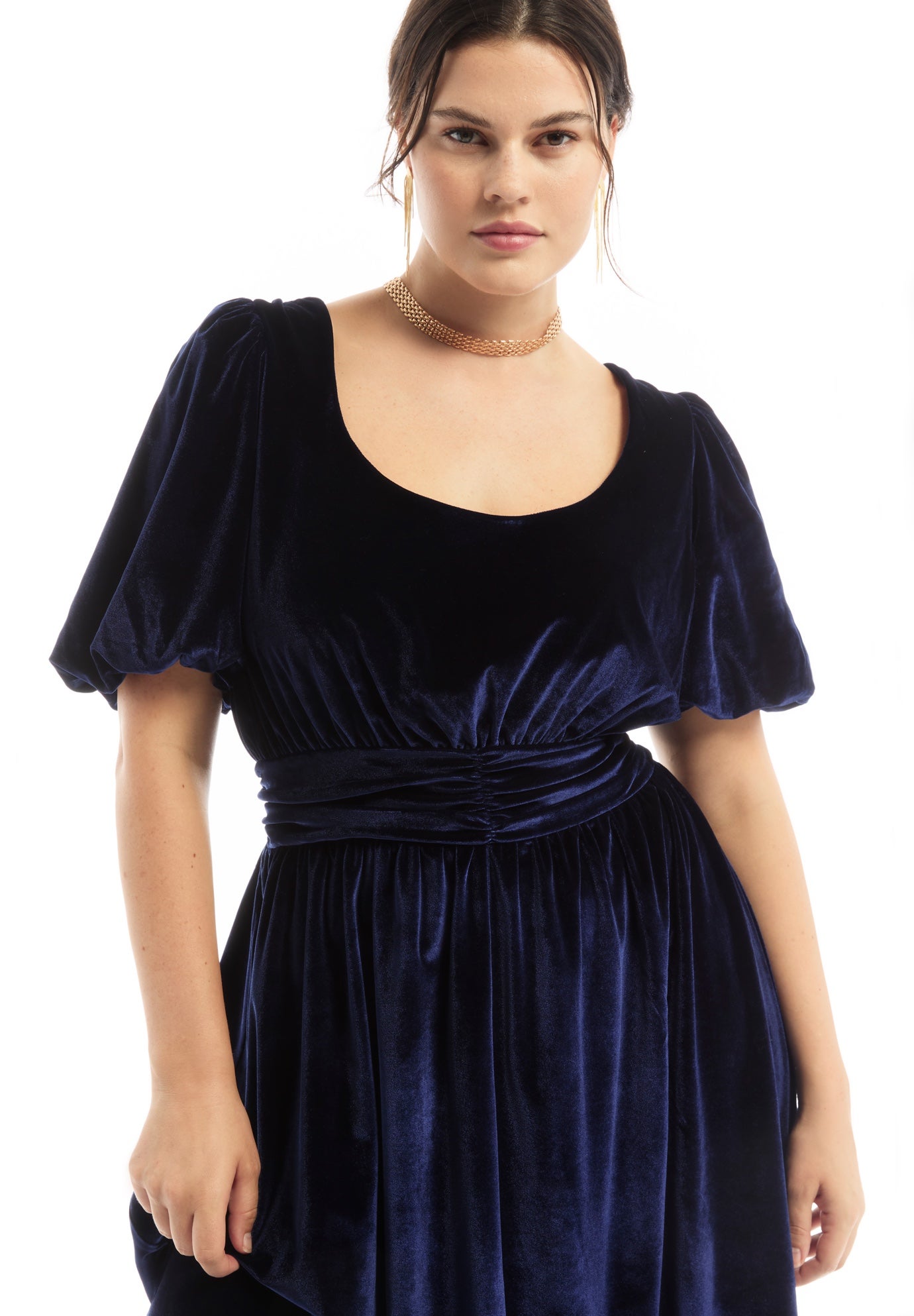 Puff Sleeve Stretch-Velvet Midi Dress image number 1