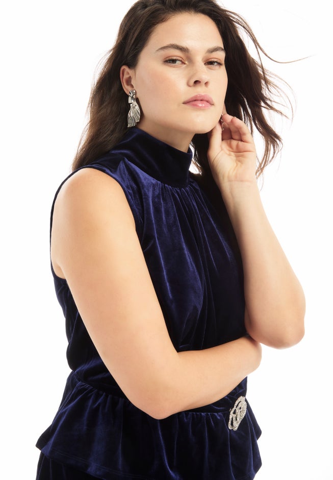 Velvet Mock Neck Peplum Top image number 1