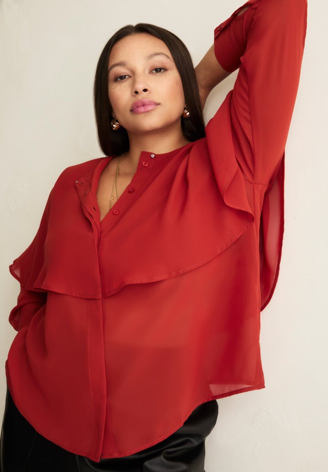 Chiffon Cuff-Sleeve Cape Blouse image number 3