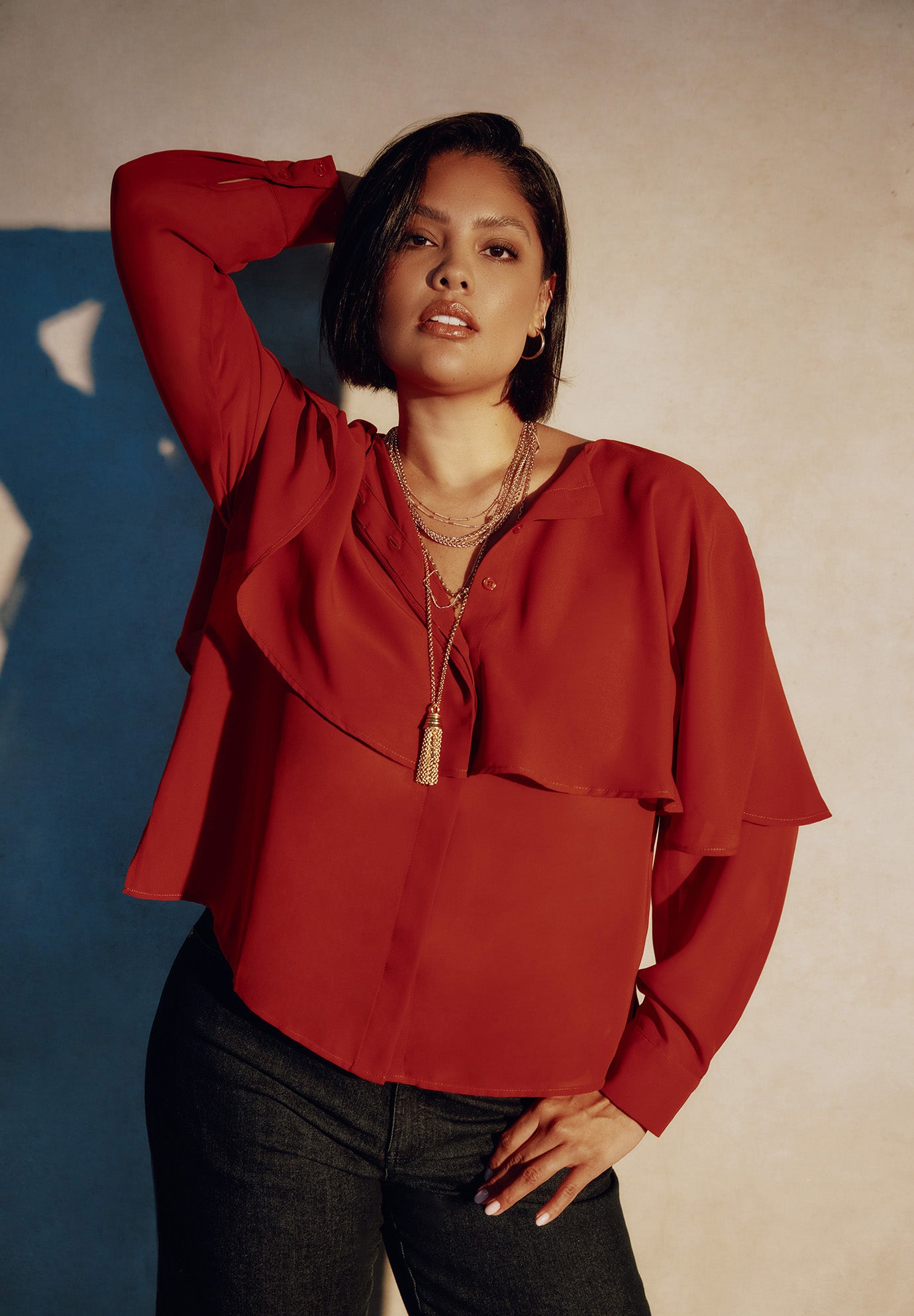 Chiffon Cuff-Sleeve Cape Blouse image number 0