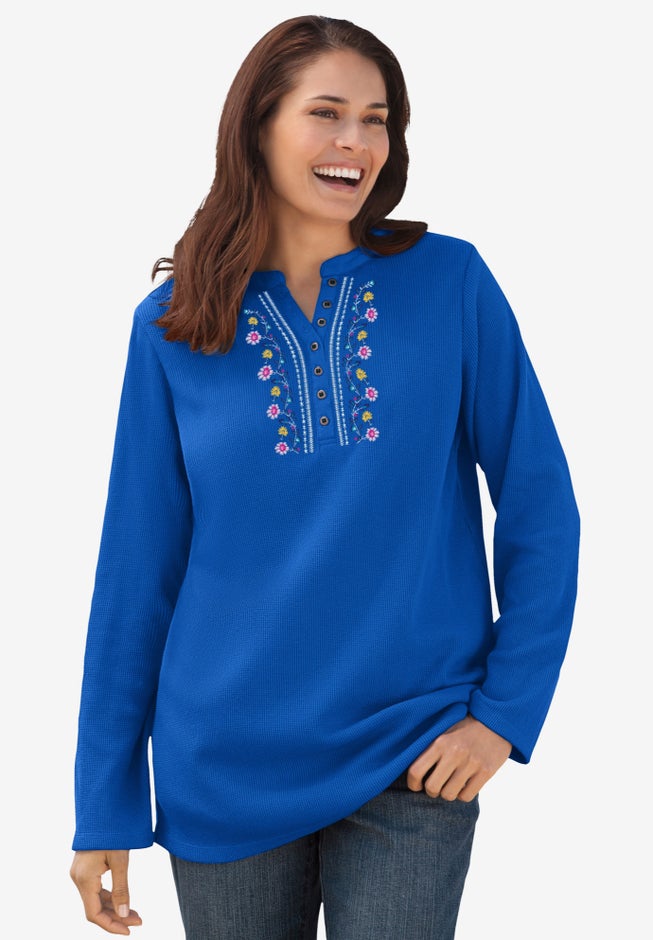 Embroidered Thermal Henley Tee image number 1