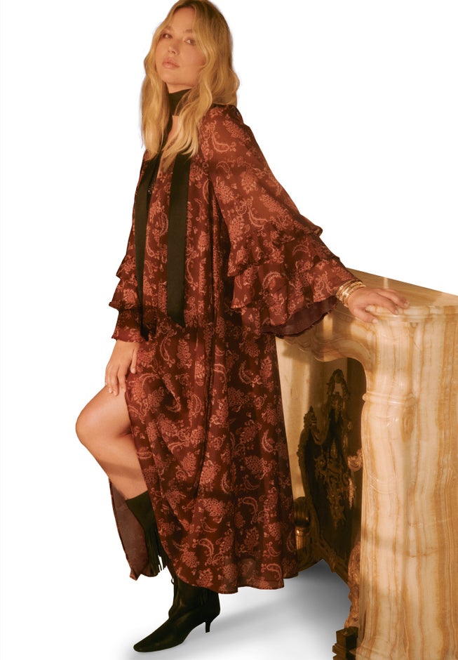 Ruffled Paisley Chiffon Maxi Dress image number 4