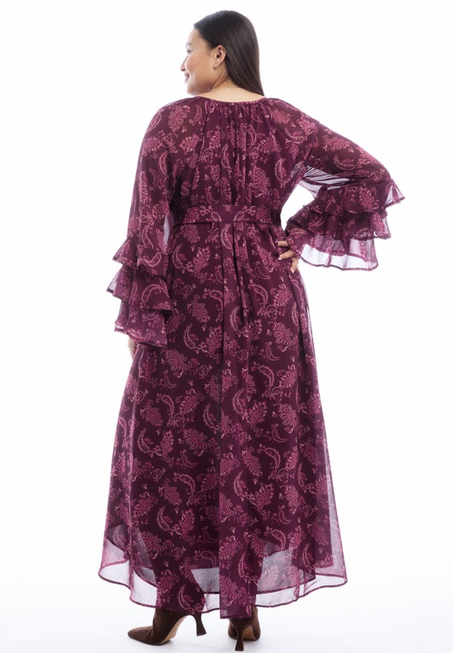 Ruffled Paisley Chiffon Maxi Dress image number 2