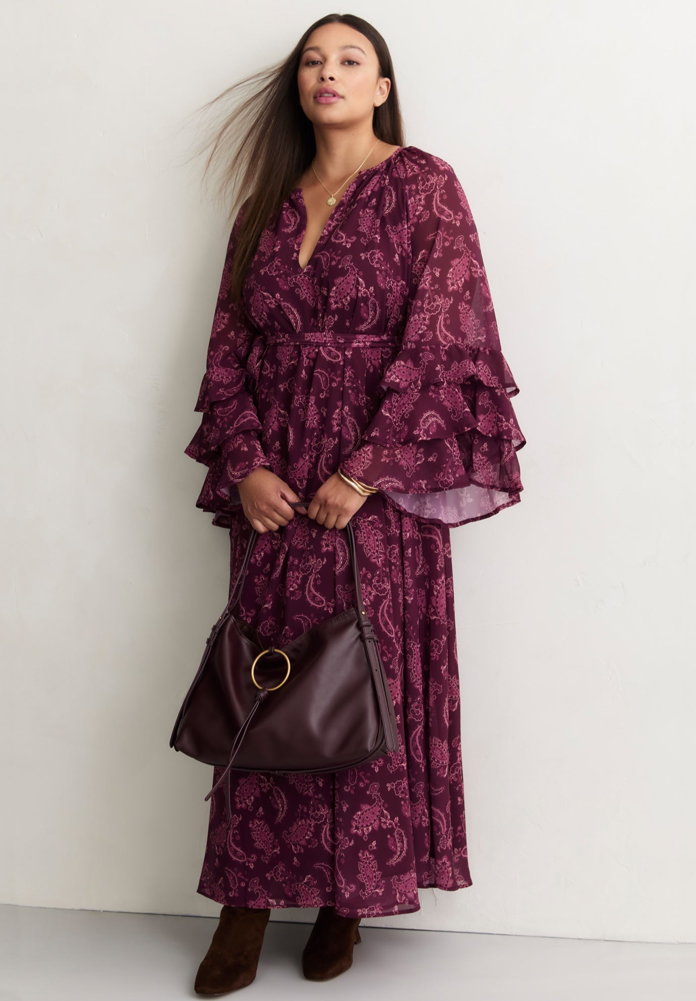 Ruffled Paisley Chiffon Maxi Dress image number 1