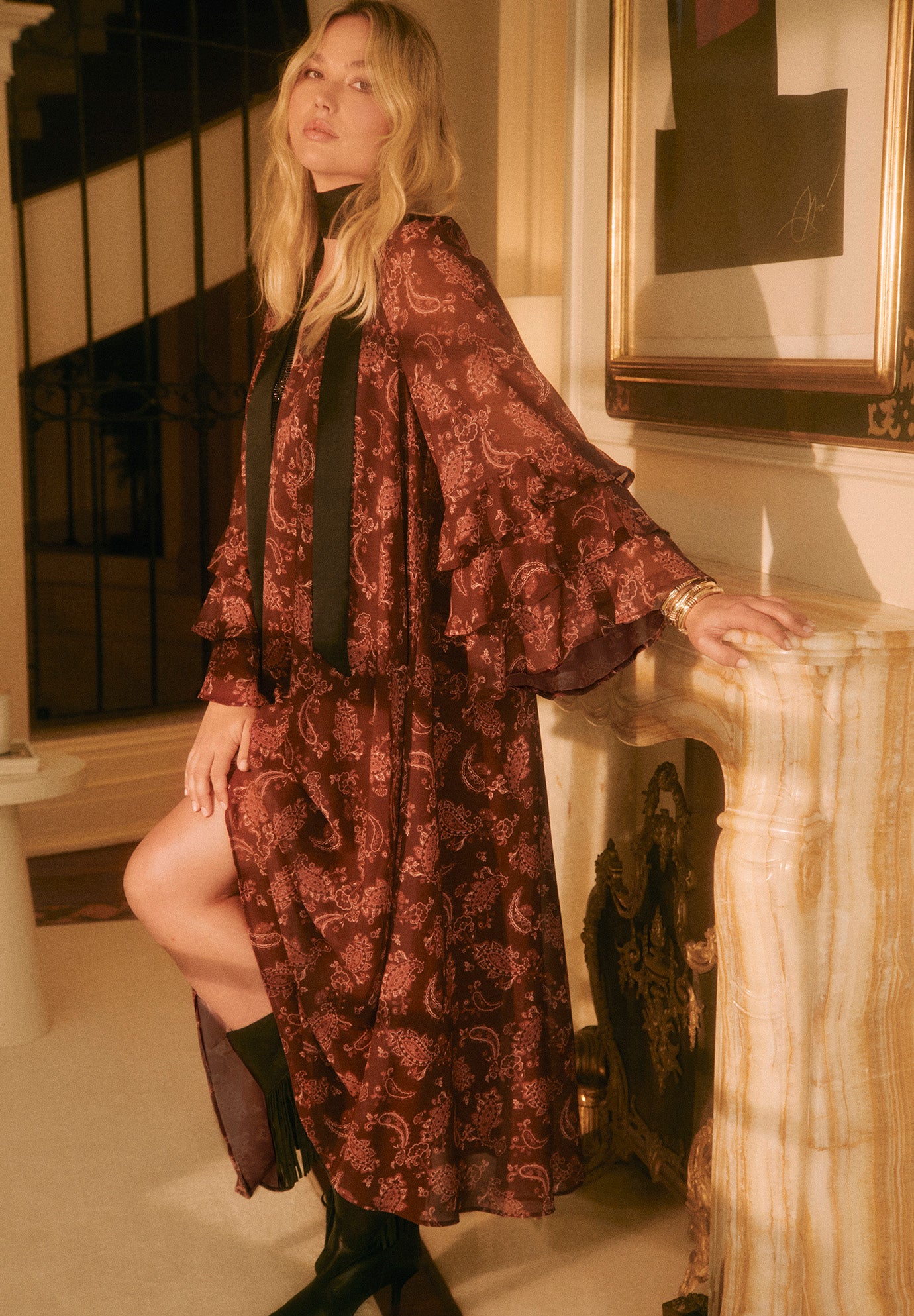 Ruffled Paisley Chiffon Maxi Dress image number 0