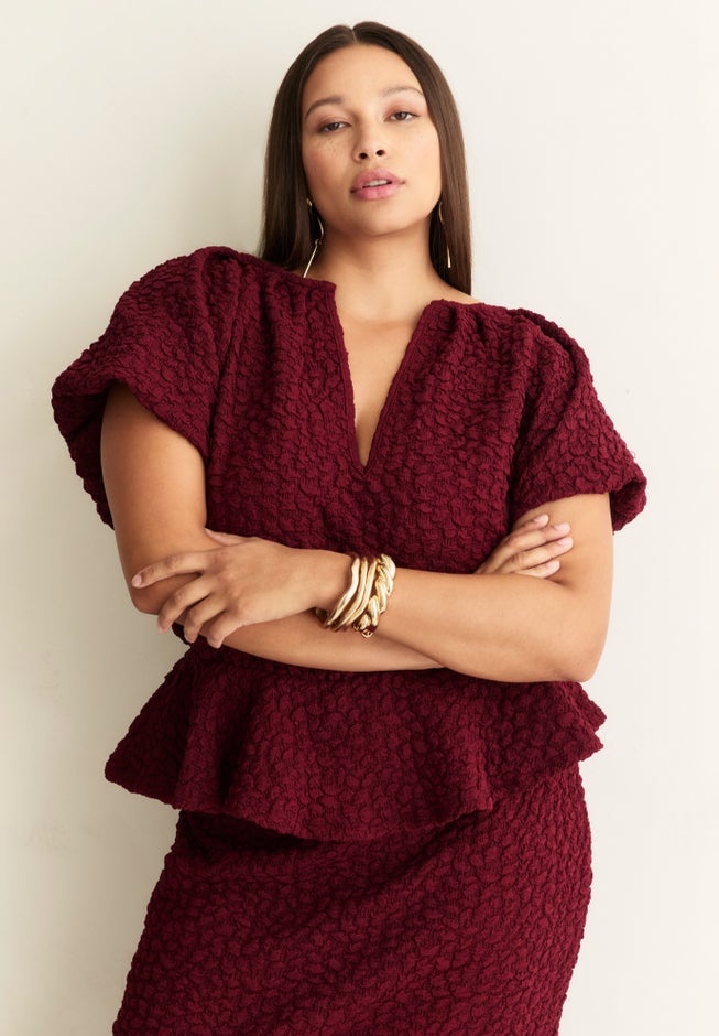 Textured Knit Peplum Top image number 1